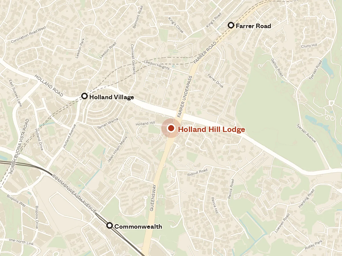Map of the area around Holland Hill Lodge, with nearby MRT stations and primary schools