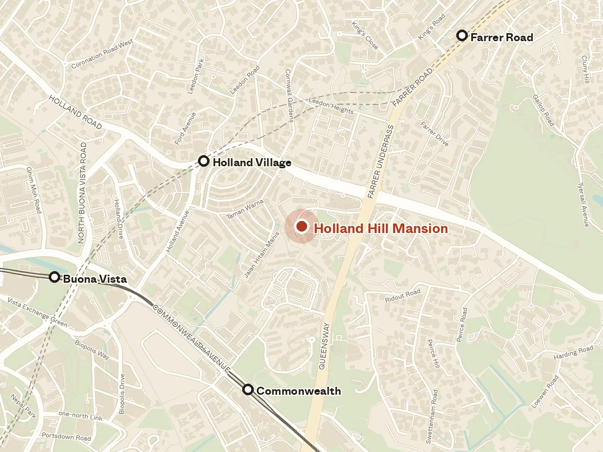 Map of the area around Holland Hill Mansion, with nearby MRT stations and primary schools