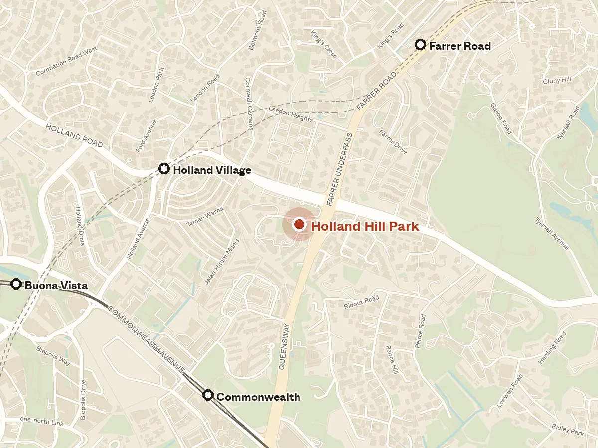 Map of the area around Holland Hill Park, with nearby MRT stations and primary schools