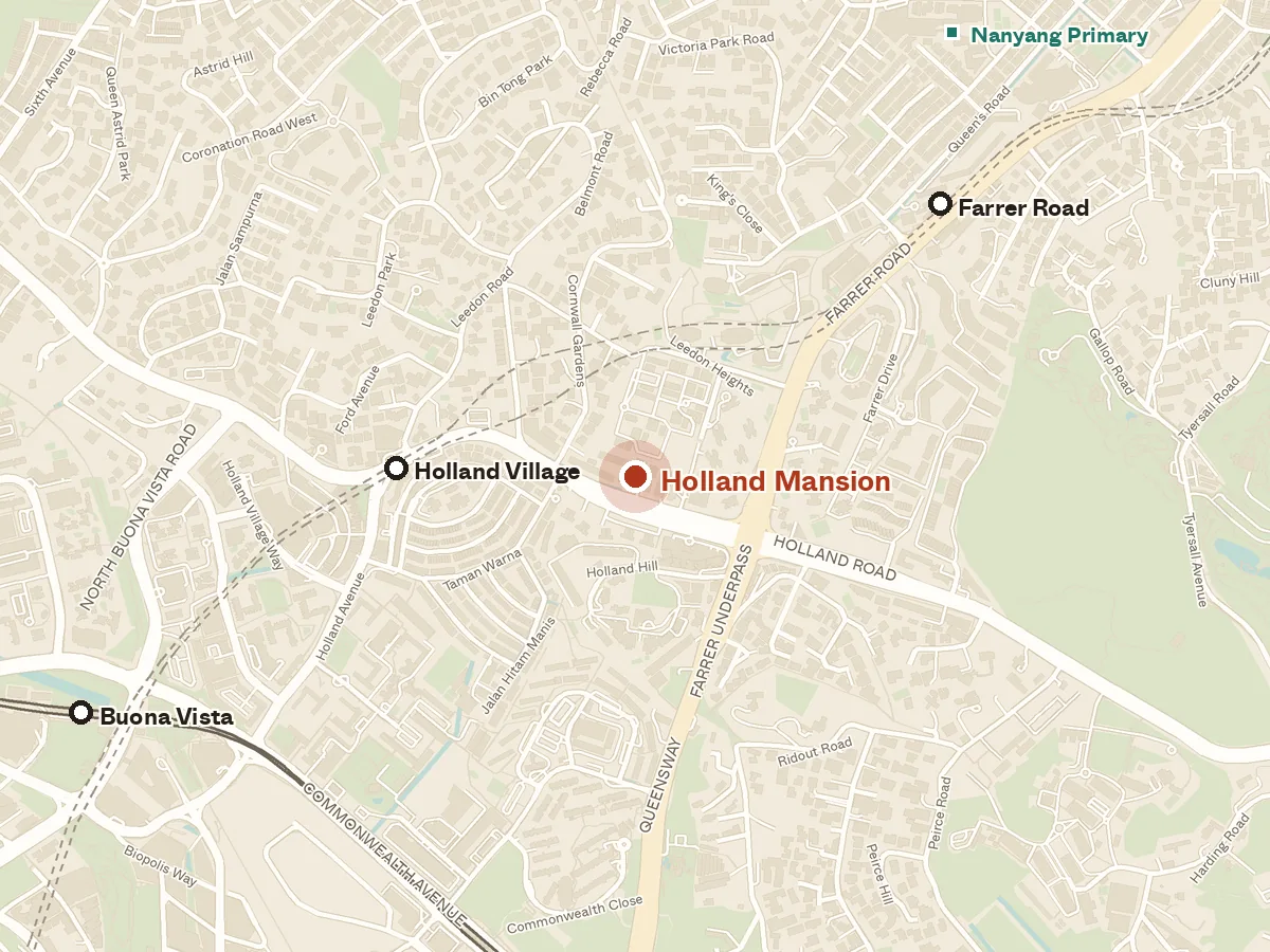Map of the area around Holland Mansion, with nearby MRT stations and primary schools