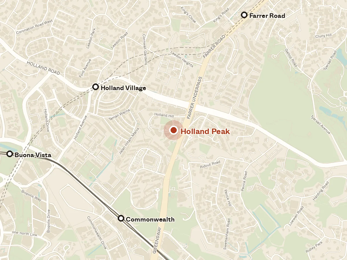Map of the area around Holland Peak, with nearby MRT stations and primary schools