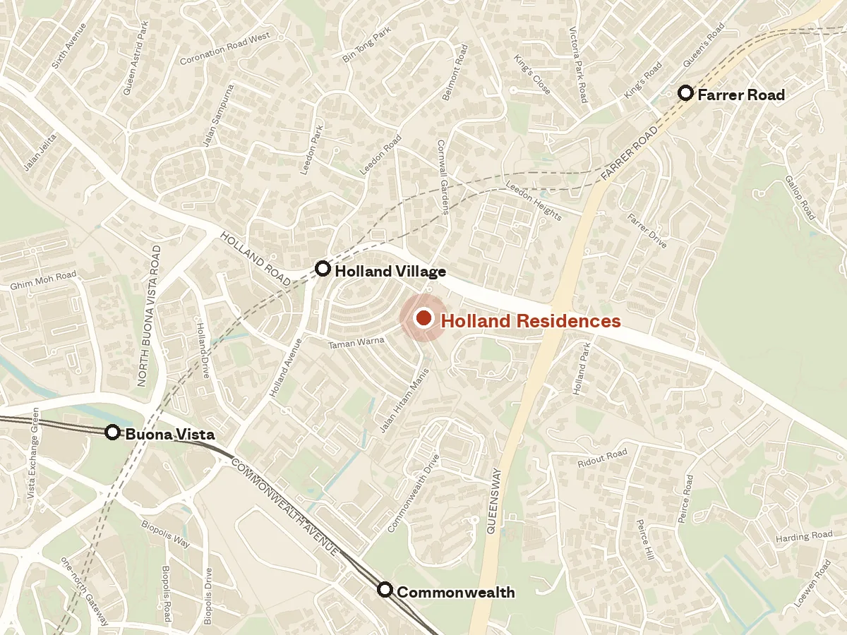 Map of the area around Holland Residences, with nearby MRT stations and primary schools