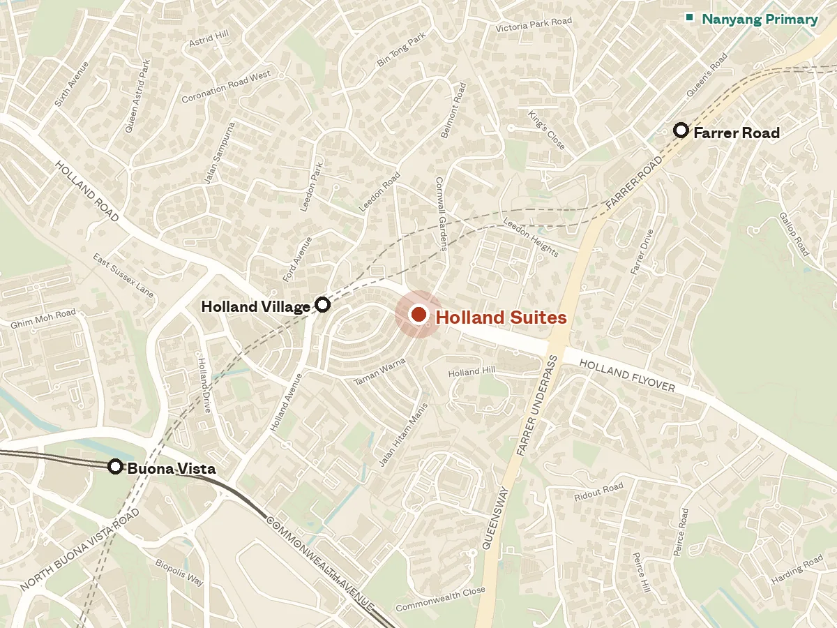 Map of the area around Holland Suites, with nearby MRT stations and primary schools