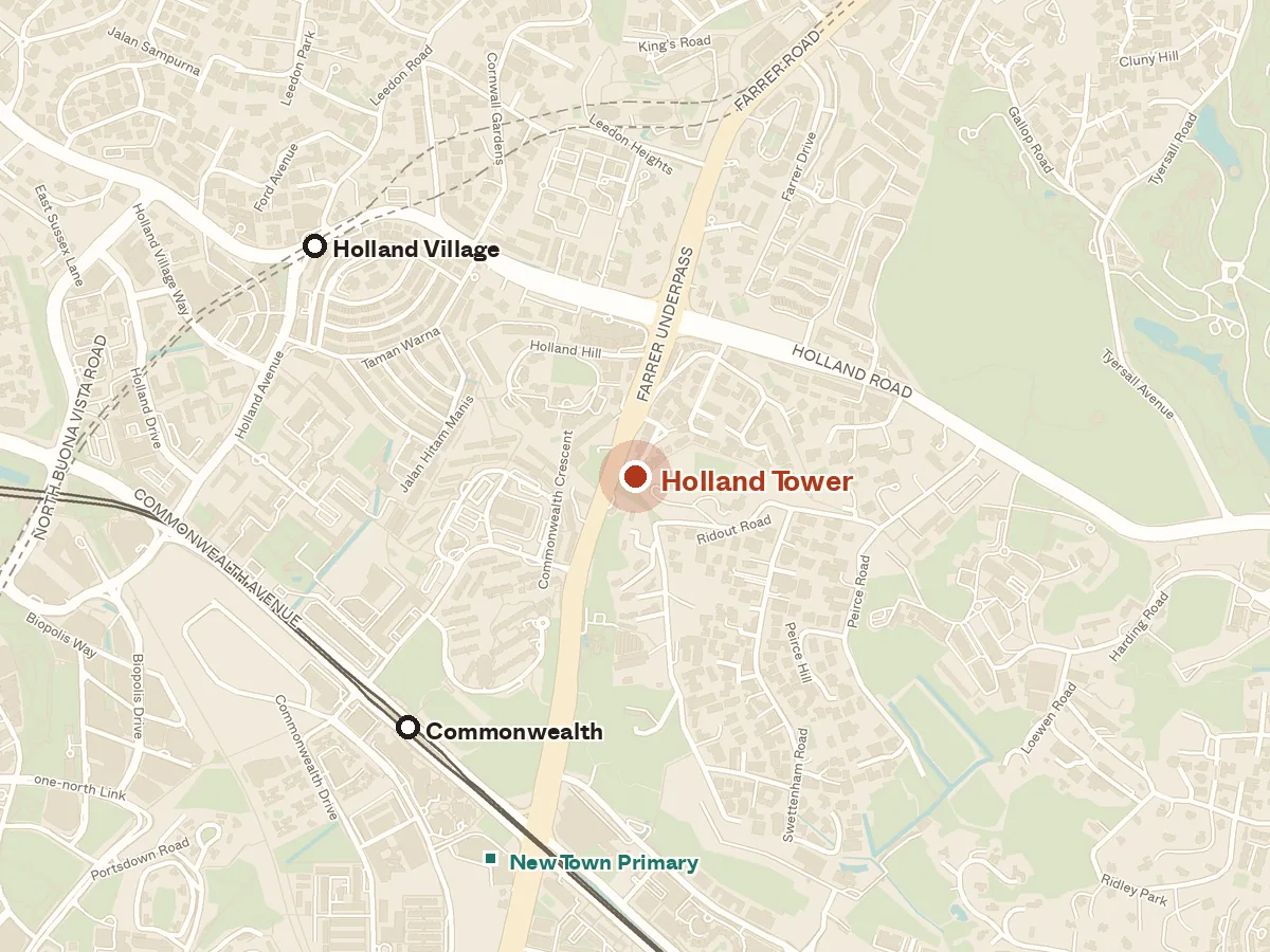 Map of the area around Holland Tower, with nearby MRT stations and primary schools