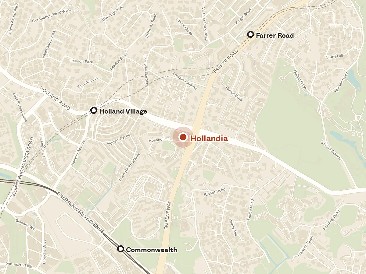 Map of the area around Hollandia, with nearby MRT stations and primary schools