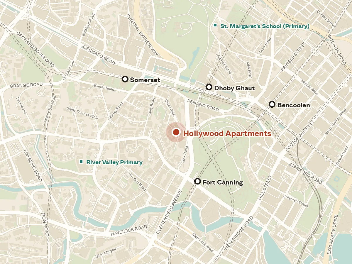 Map of the area around Hollywood Apartments, with nearby MRT stations and primary schools