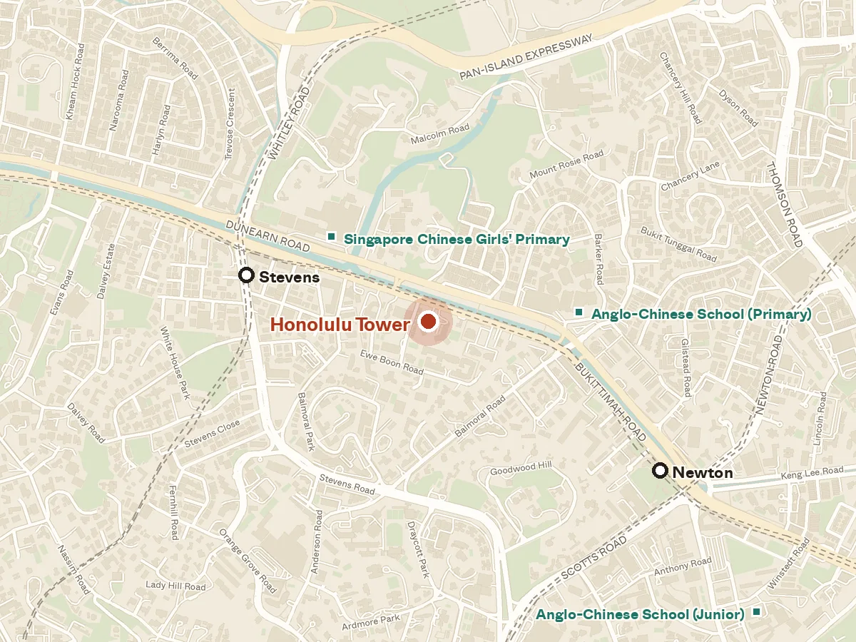Map of the area around Honolulu Tower, with nearby MRT stations and primary schools