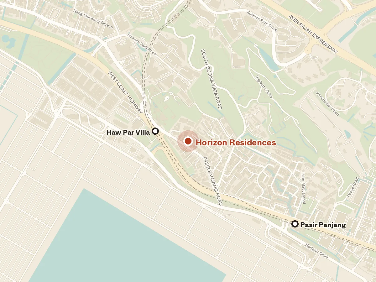 Map of the area around Horizon Residences, with nearby MRT stations and primary schools