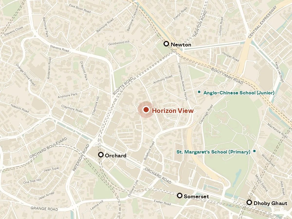 Map of the area around Horizon View, with nearby MRT stations and primary schools