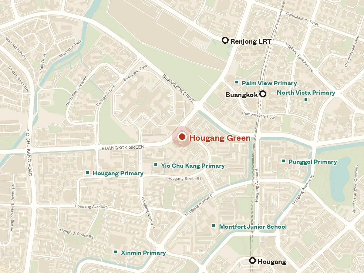 Map of the area around Hougang Green, with nearby MRT stations and primary schools
