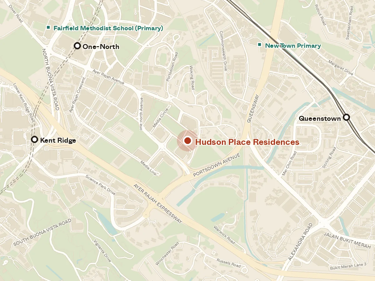 Map of the area around Hudson Place Residences, with nearby MRT stations and primary schools