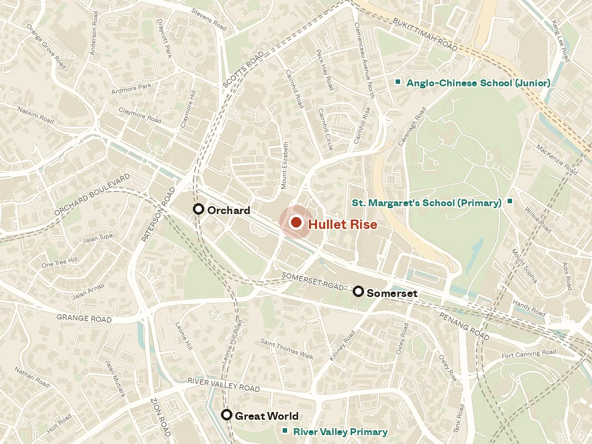 Map of the area around Hullet Rise, with nearby MRT stations and primary schools