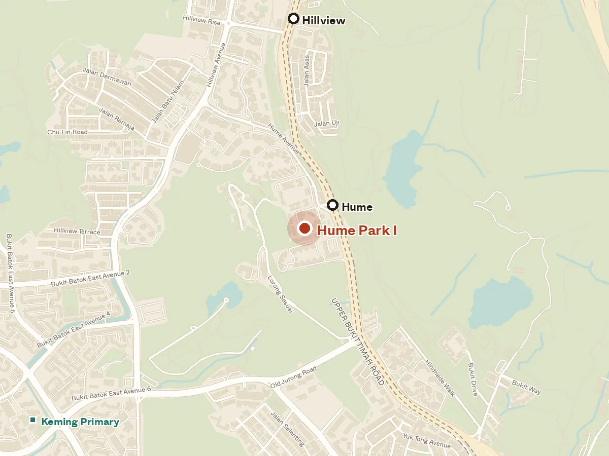 Map of the area around Hume Park I, with nearby MRT stations and primary schools