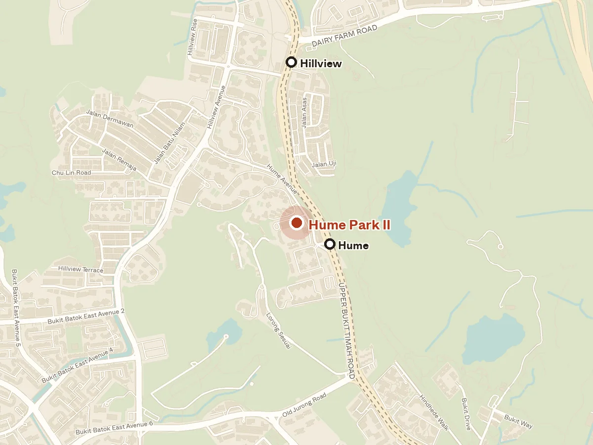 Map of the area around Hume Park Ii, with nearby MRT stations and primary schools