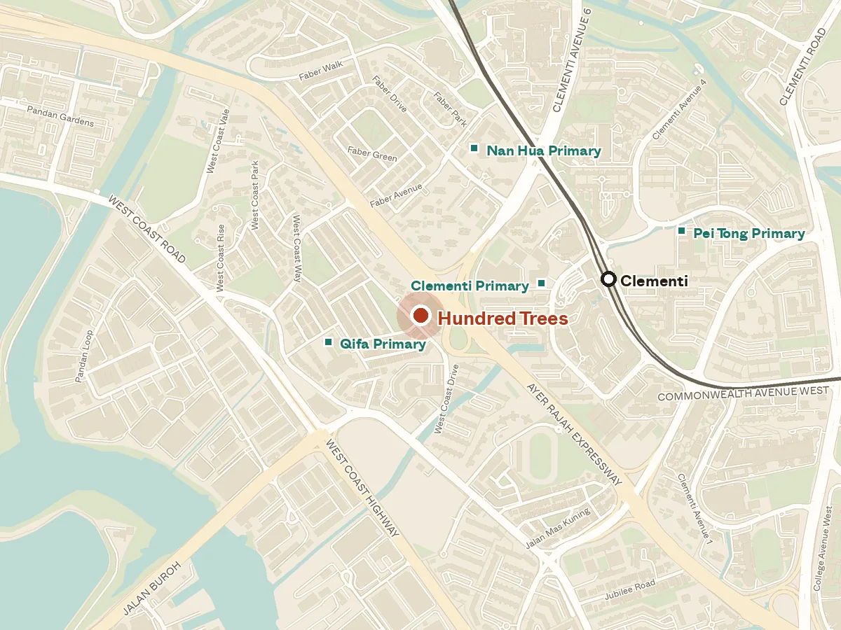 Map of the area around Hundred Trees, with nearby MRT stations and primary schools