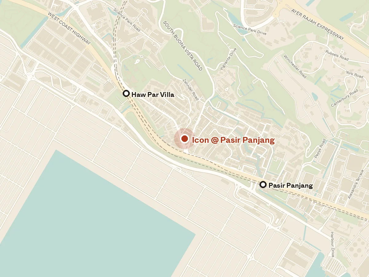 Map of the area around Icon @ Pasir Panjang, with nearby MRT stations and primary schools