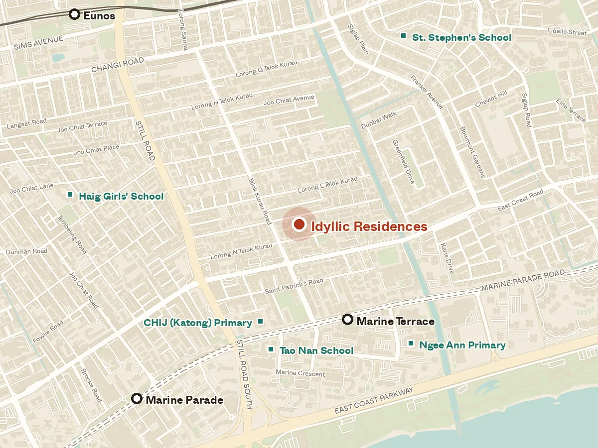 Map of the area around Idyllic Residences, with nearby MRT stations and primary schools