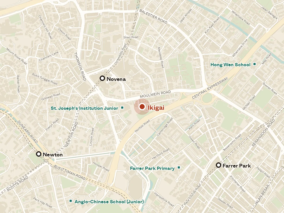 Map of the area around Ikigai, with nearby MRT stations and primary schools