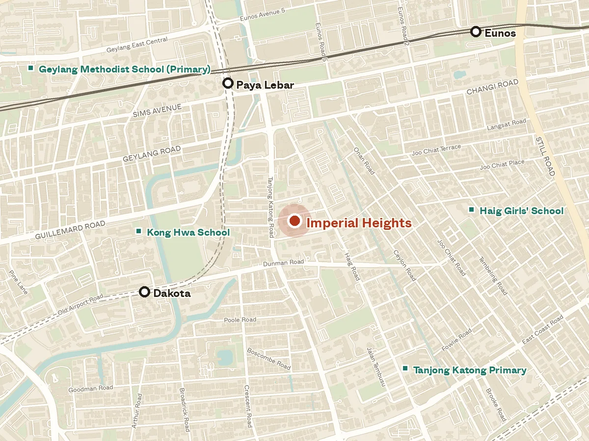 Map of the area around Imperial Heights, with nearby MRT stations and primary schools