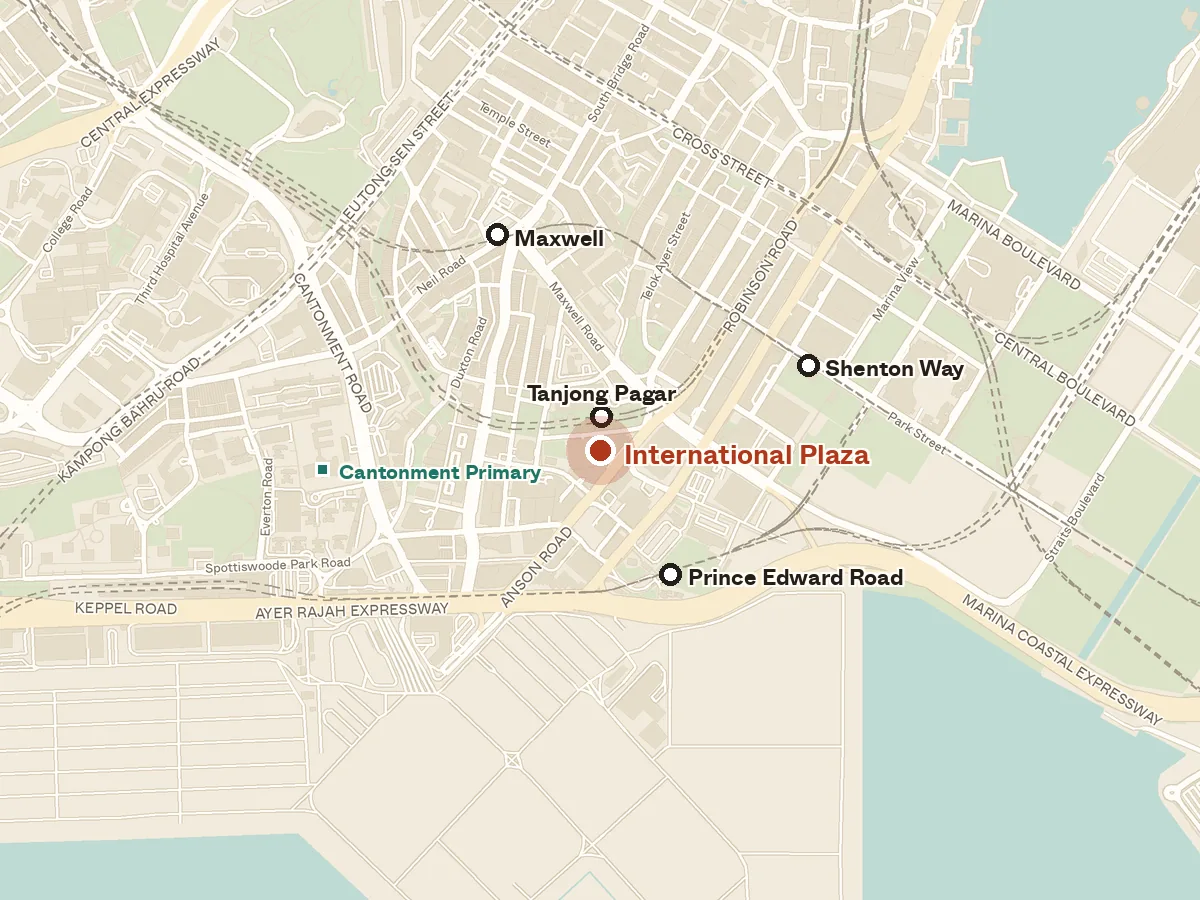 Map of the area around International Plaza, with nearby MRT stations and primary schools