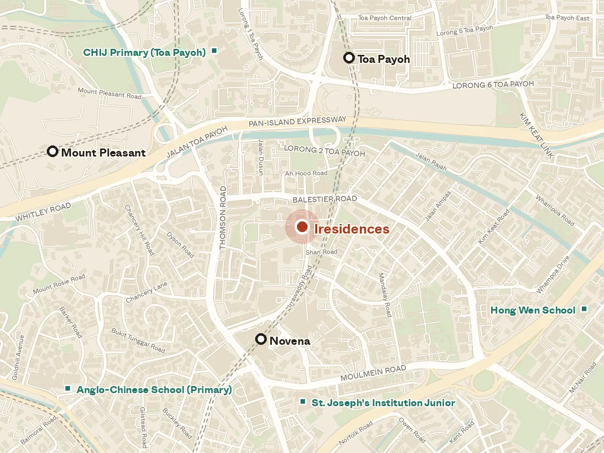 Map of the area around Iresidences, with nearby MRT stations and primary schools