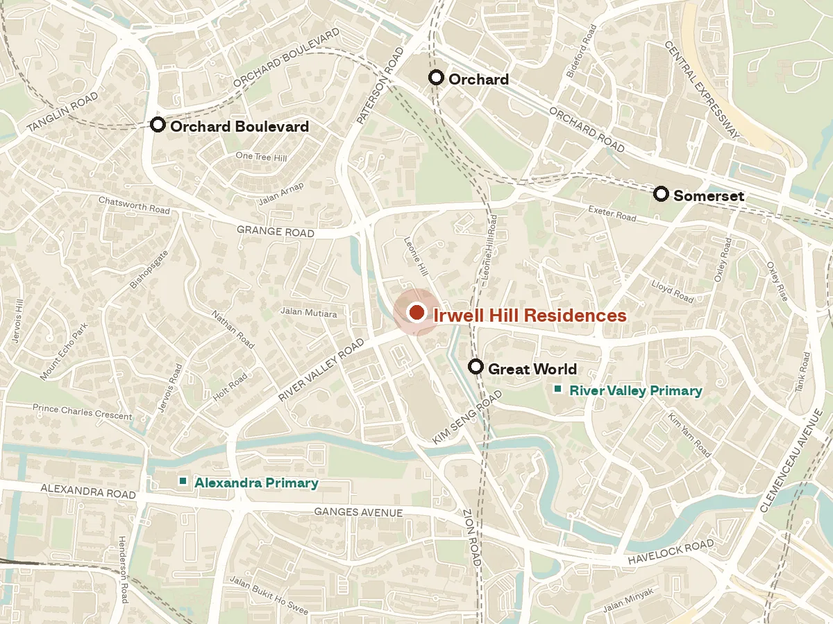Map of the area around Irwell Hill Residences, with nearby MRT stations and primary schools