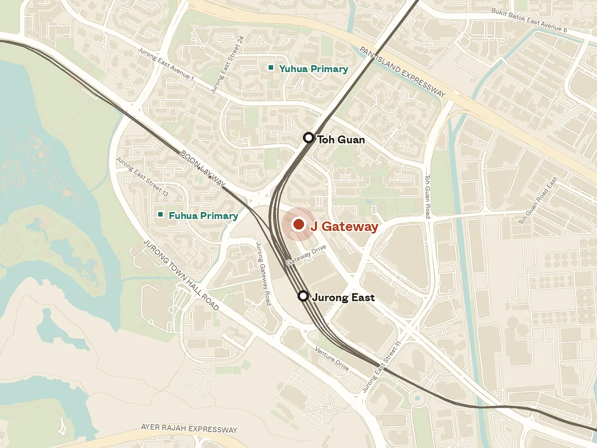 Map of the area around J Gateway, with nearby MRT stations and primary schools