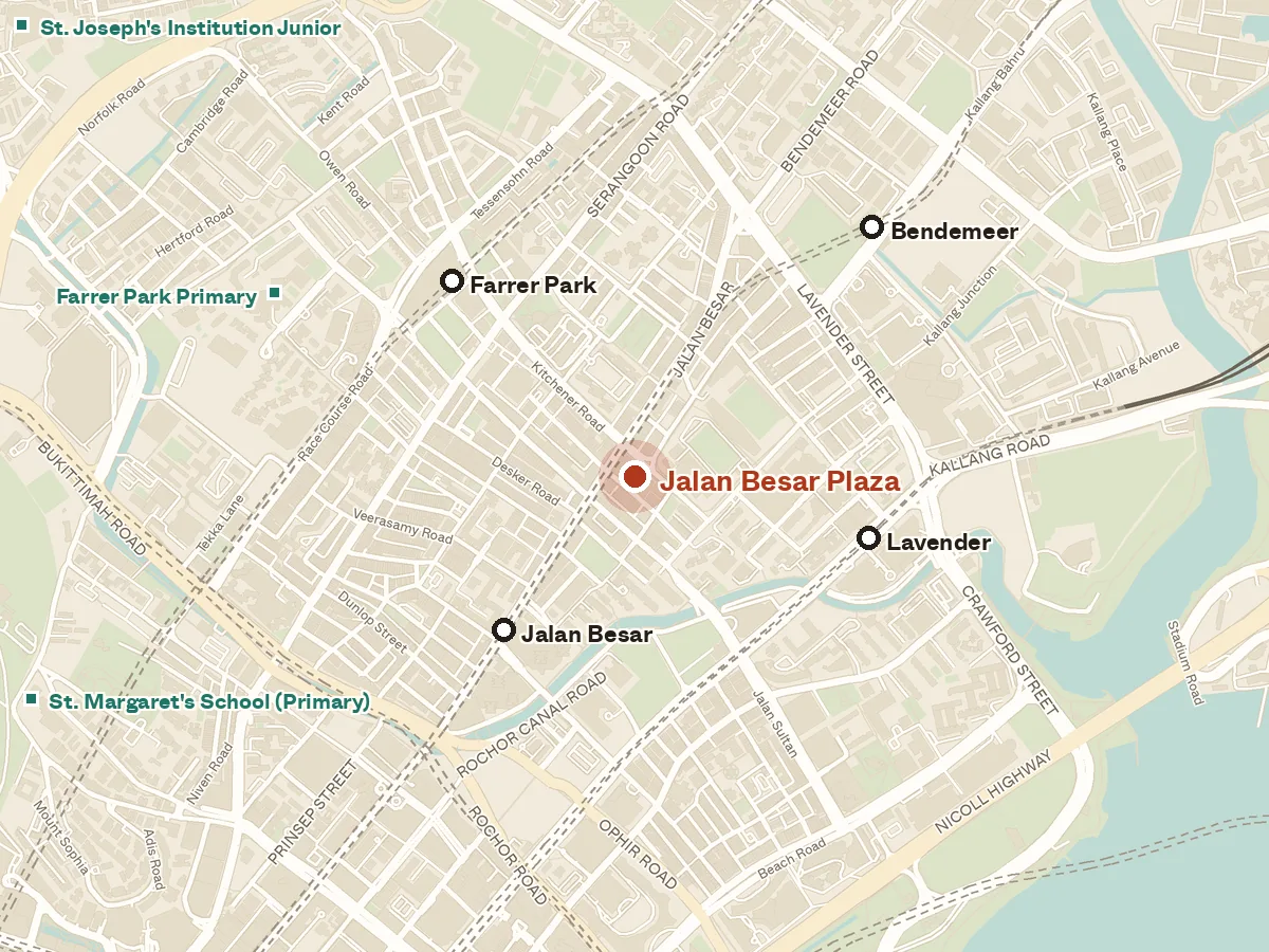 Map of the area around Jalan Besar Plaza, with nearby MRT stations and primary schools