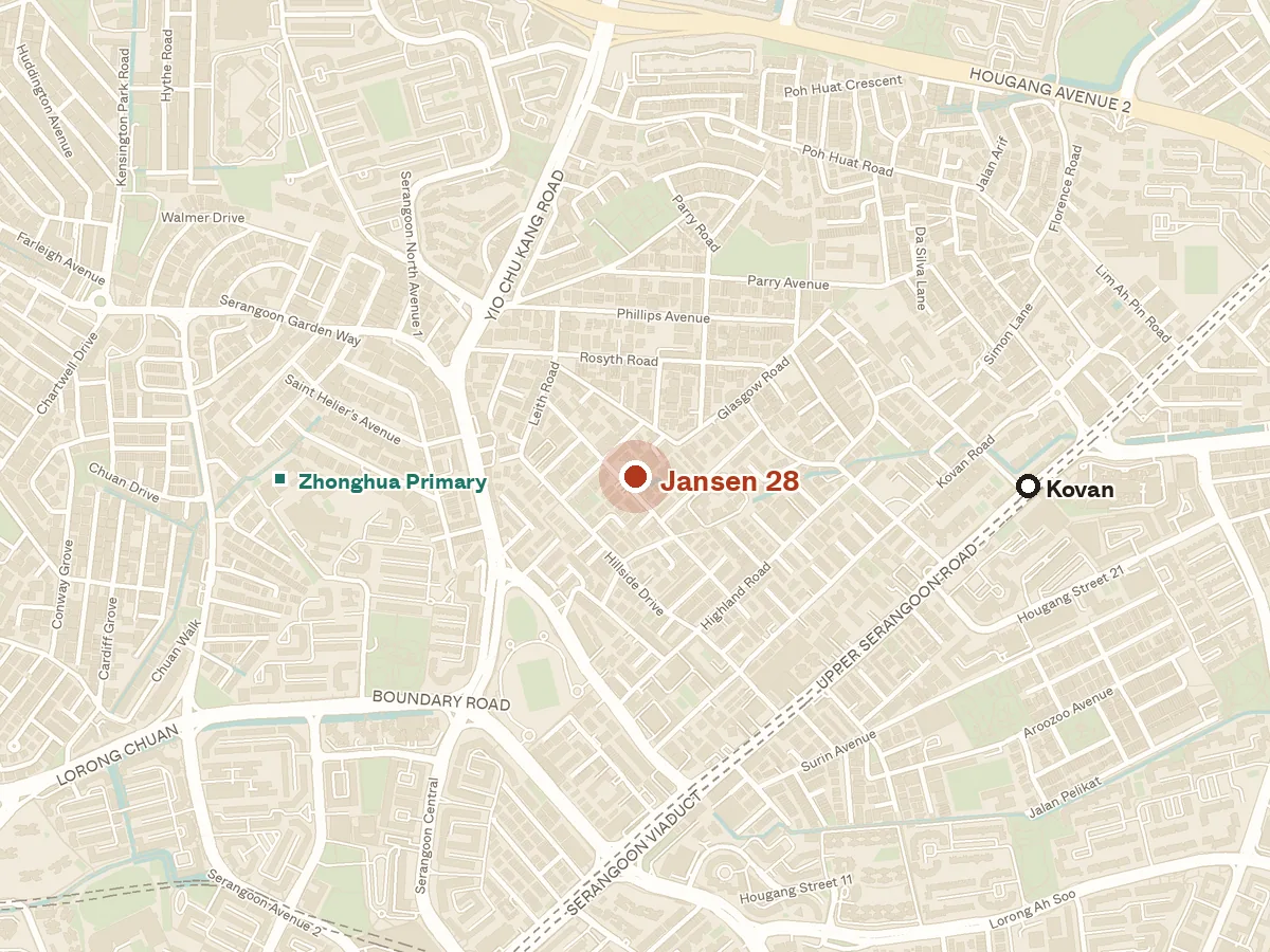 Map of the area around Jansen 28, with nearby MRT stations and primary schools