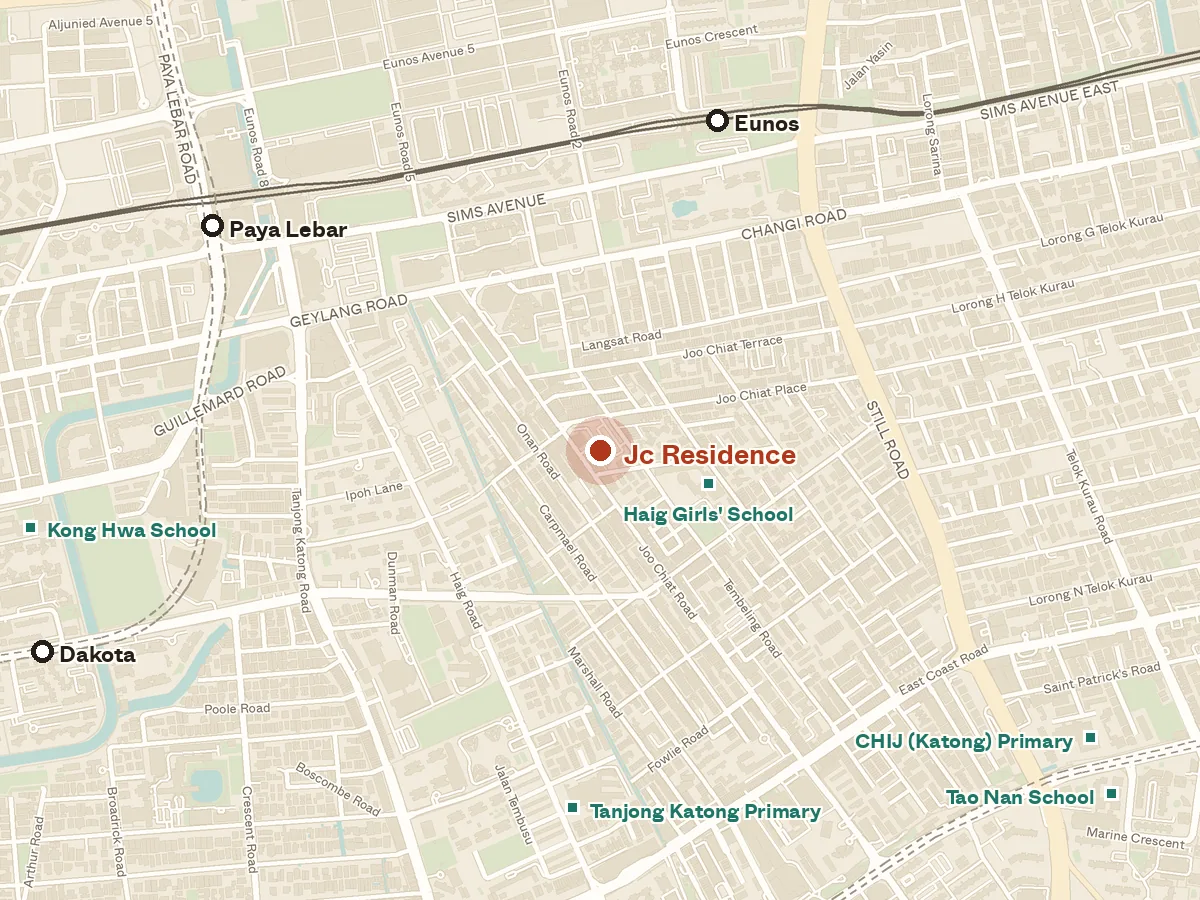 Map of the area around Jc Residence, with nearby MRT stations and primary schools