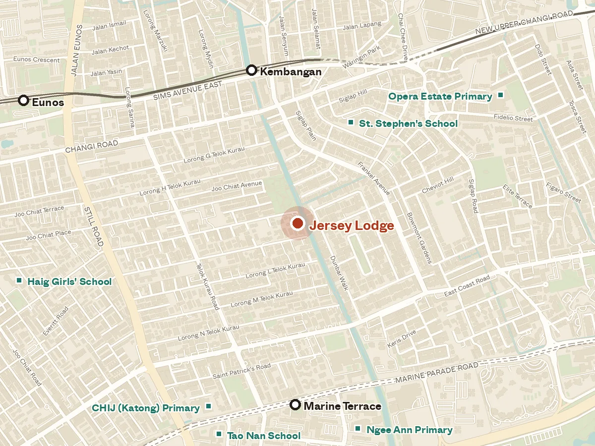 Map of the area around Jersey Lodge, with nearby MRT stations and primary schools