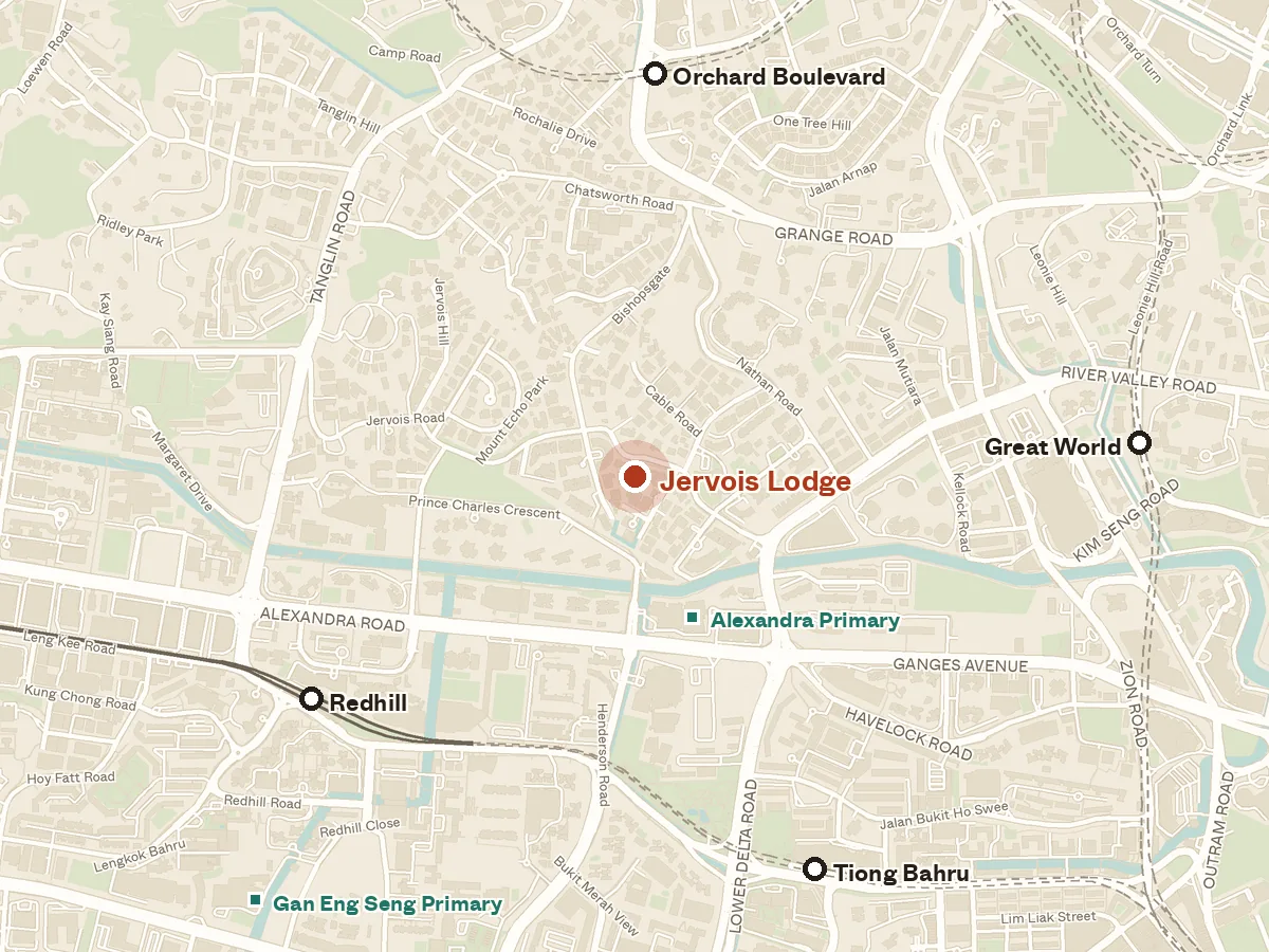 Map of the area around Jervois Lodge, with nearby MRT stations and primary schools