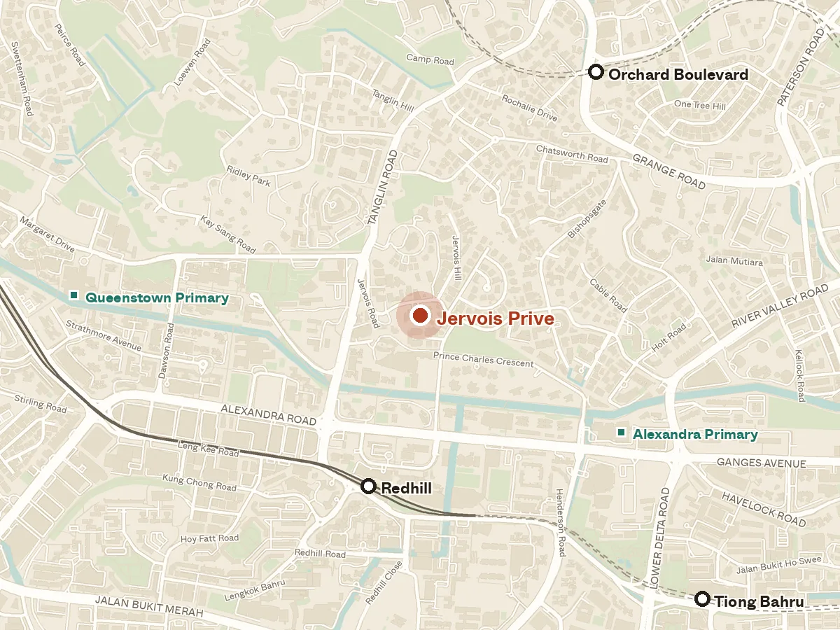 Map of the area around Jervois Prive, with nearby MRT stations and primary schools
