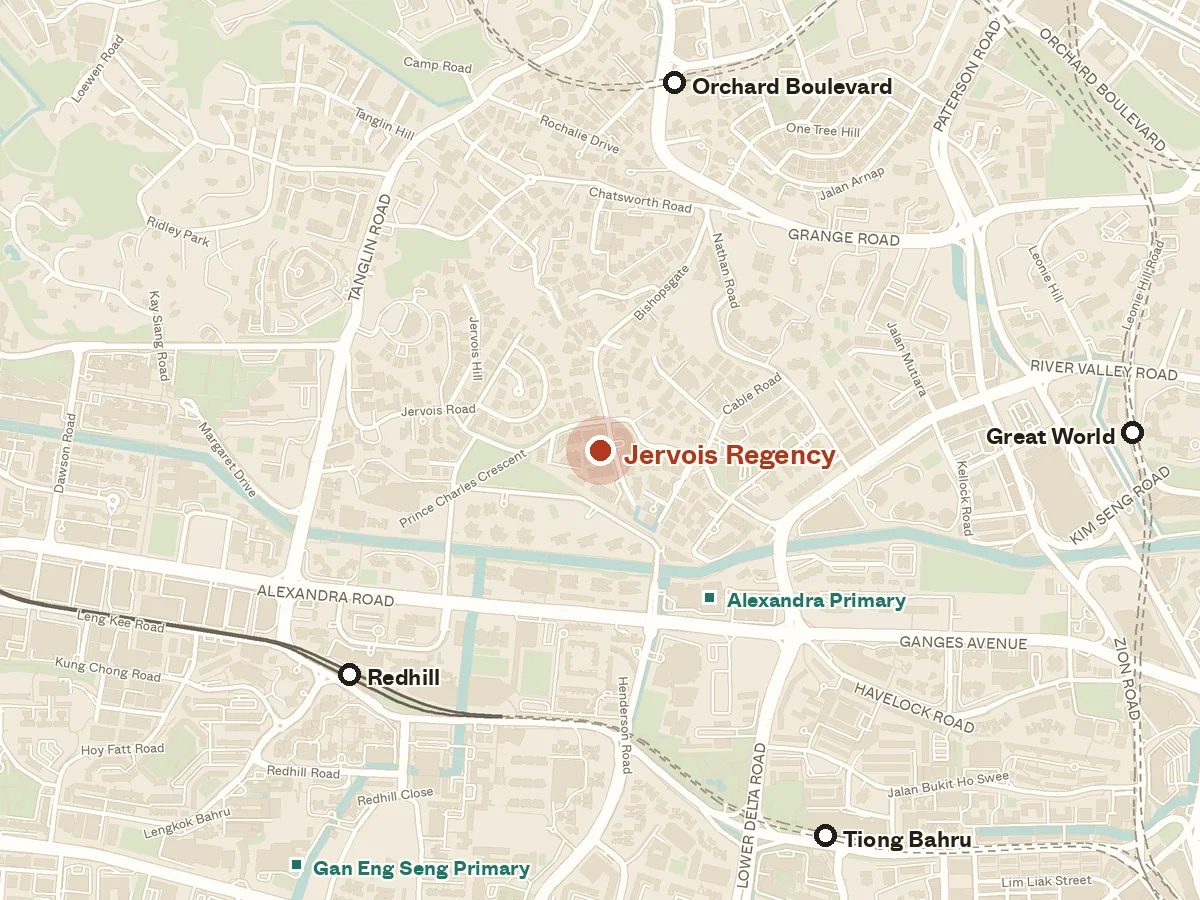 Map of the area around Jervois Regency, with nearby MRT stations and primary schools