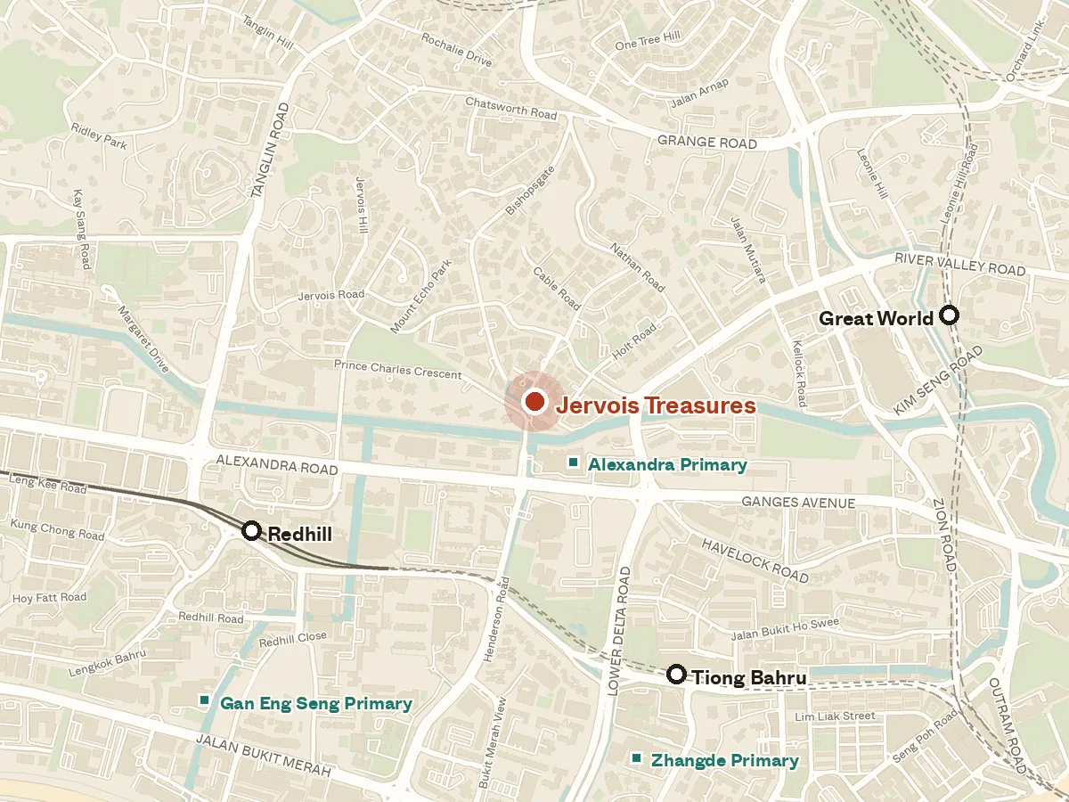Map of the area around Jervois Treasures, with nearby MRT stations and primary schools