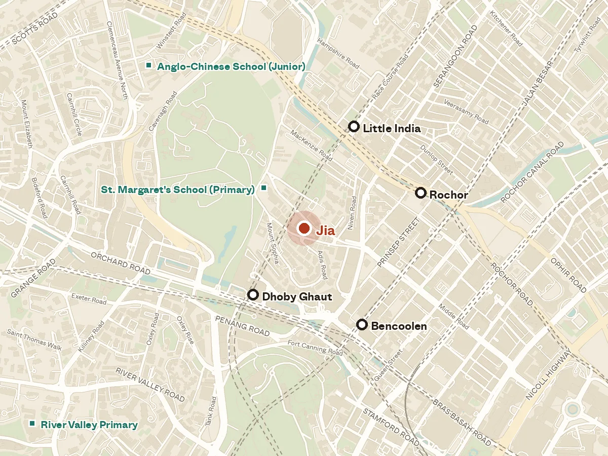 Map of the area around JIA, with nearby MRT stations and primary schools