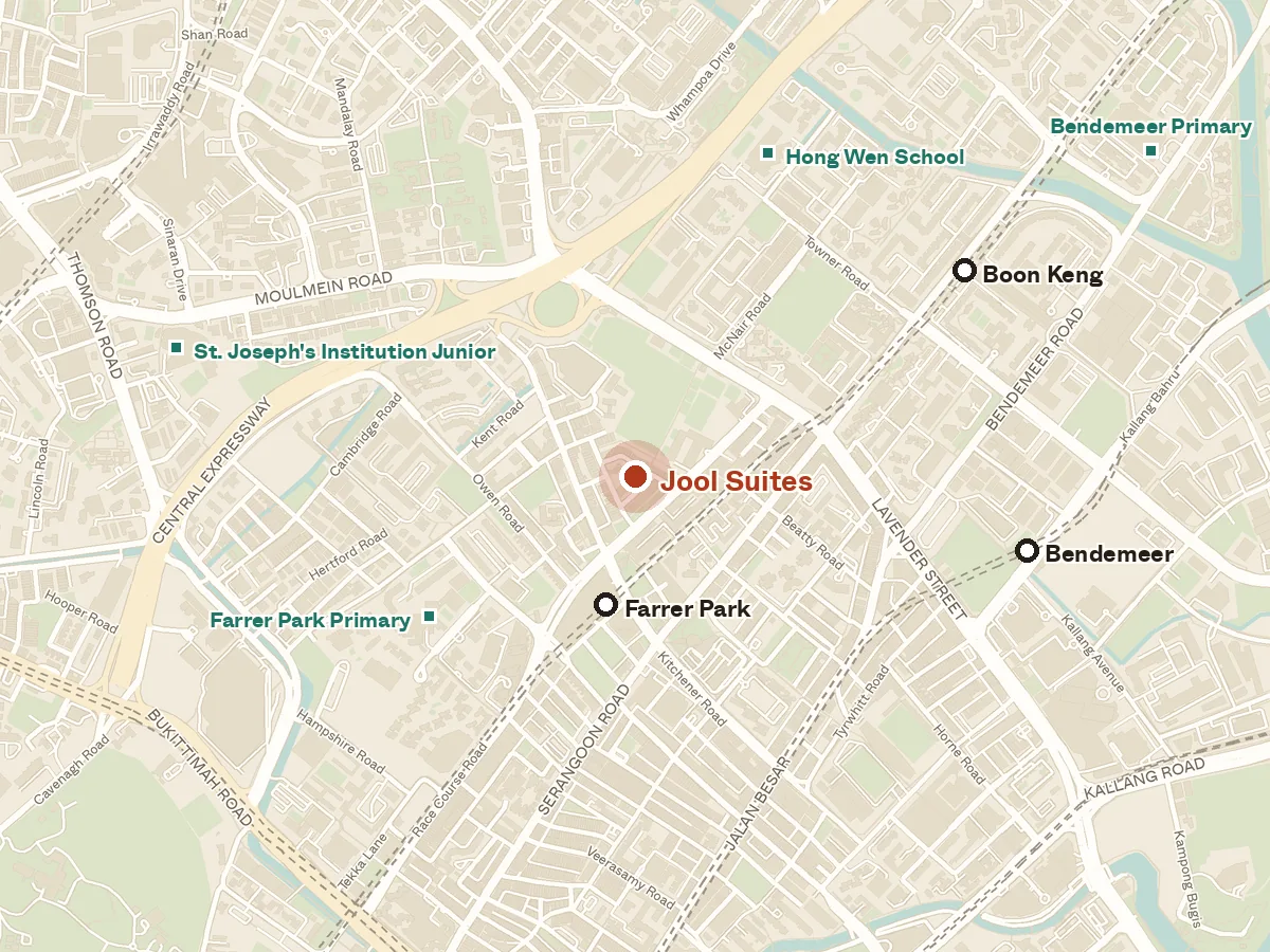 Map of the area around Jool Suites, with nearby MRT stations and primary schools