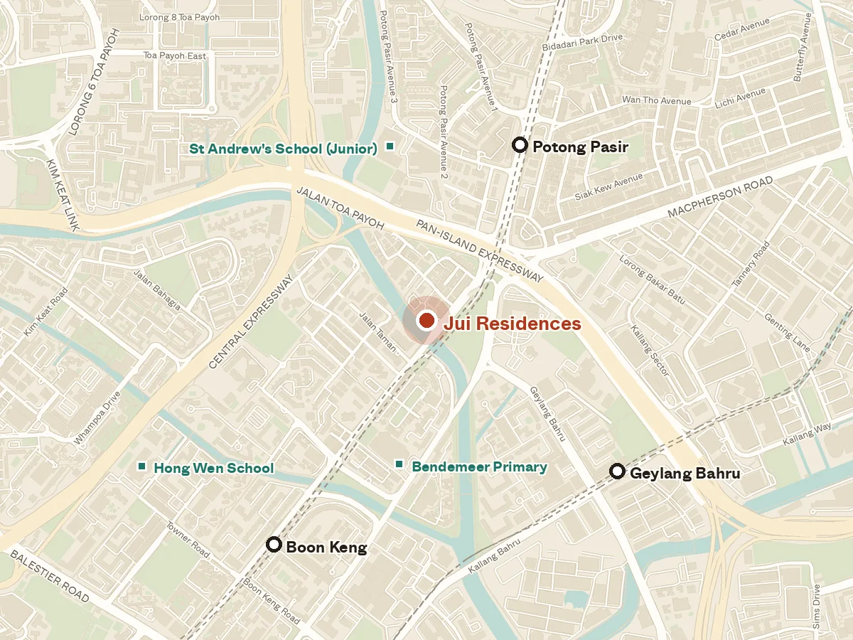 Map of the area around Jui Residences, with nearby MRT stations and primary schools