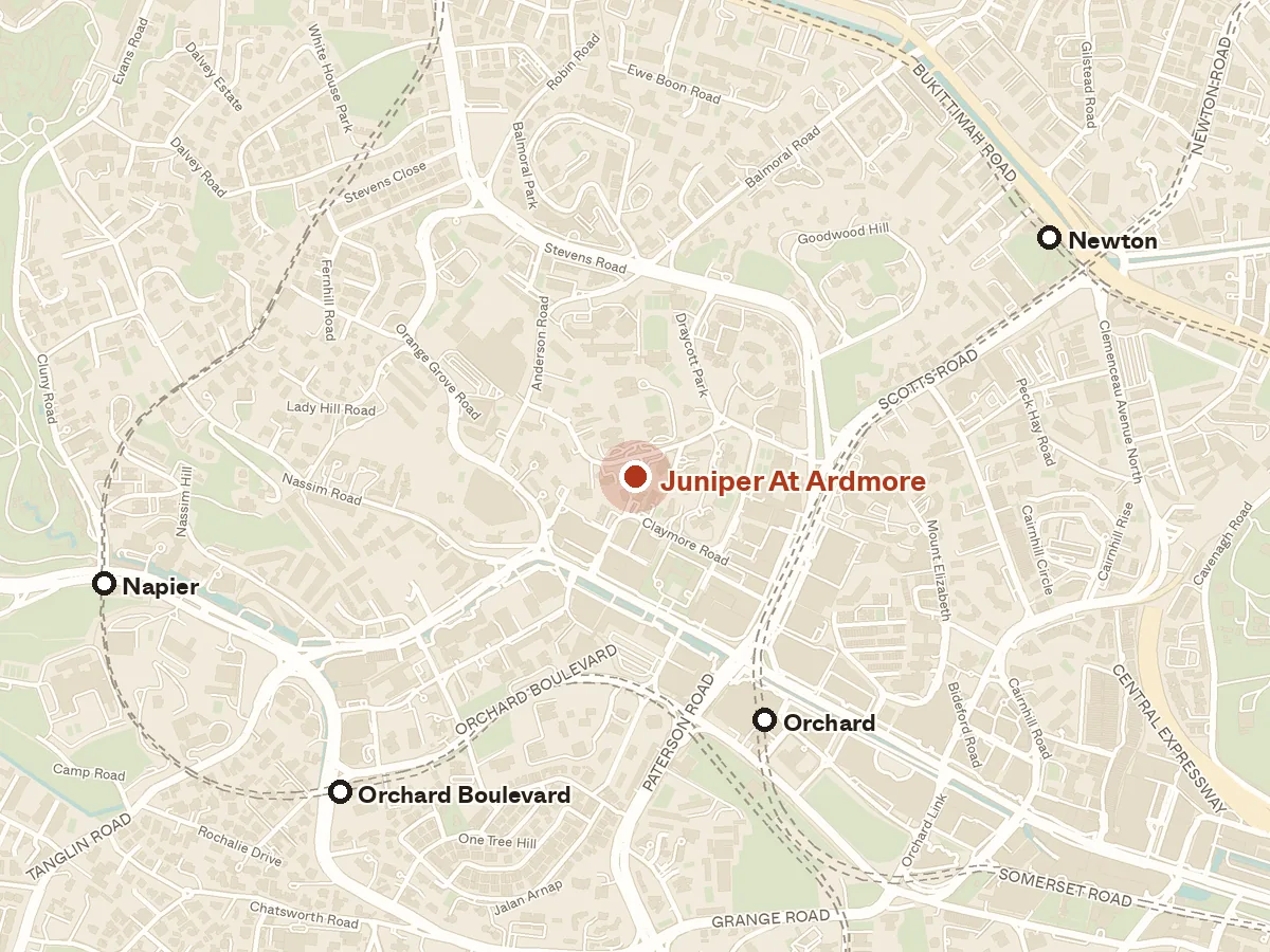 Map of the area around Juniper at Ardmore, with nearby MRT stations and primary schools