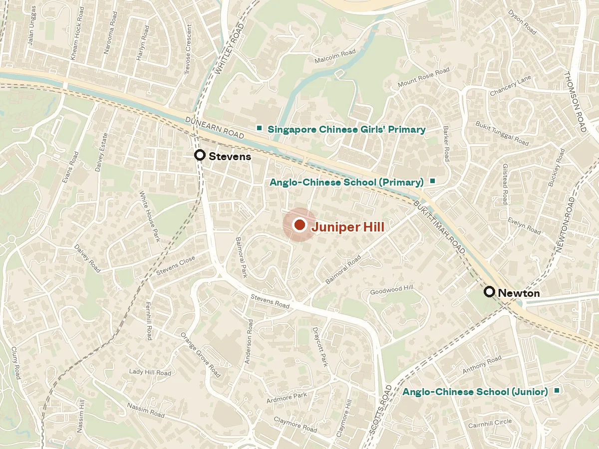 Map of the area around Juniper Hill, with nearby MRT stations and primary schools