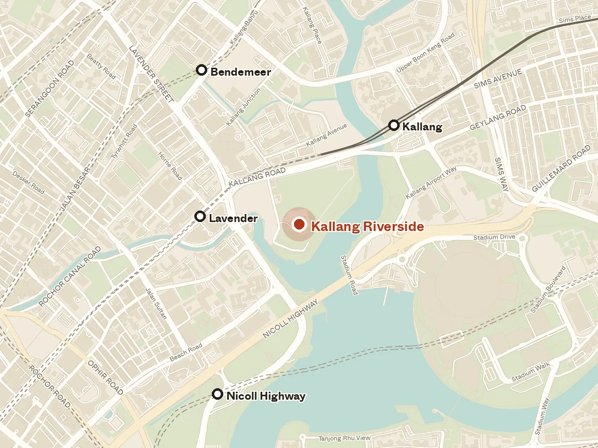 Map of the area around Kallang Riverside, with nearby MRT stations and primary schools