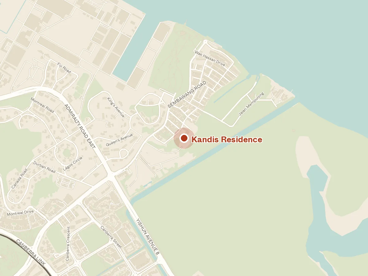Map of the area around Kandis Residence, with nearby MRT stations and primary schools