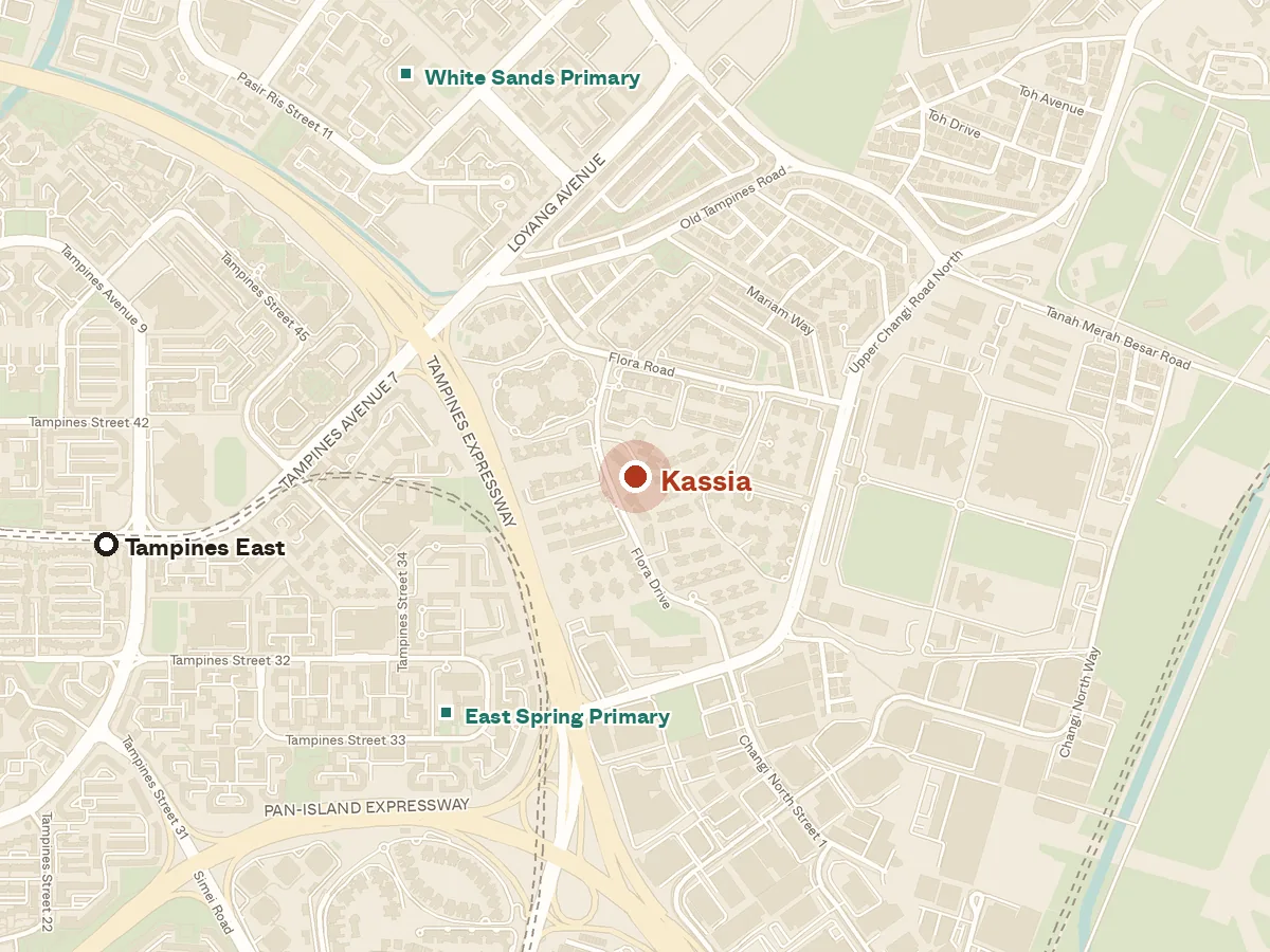 Map of the area around Kassia, with nearby MRT stations and primary schools
