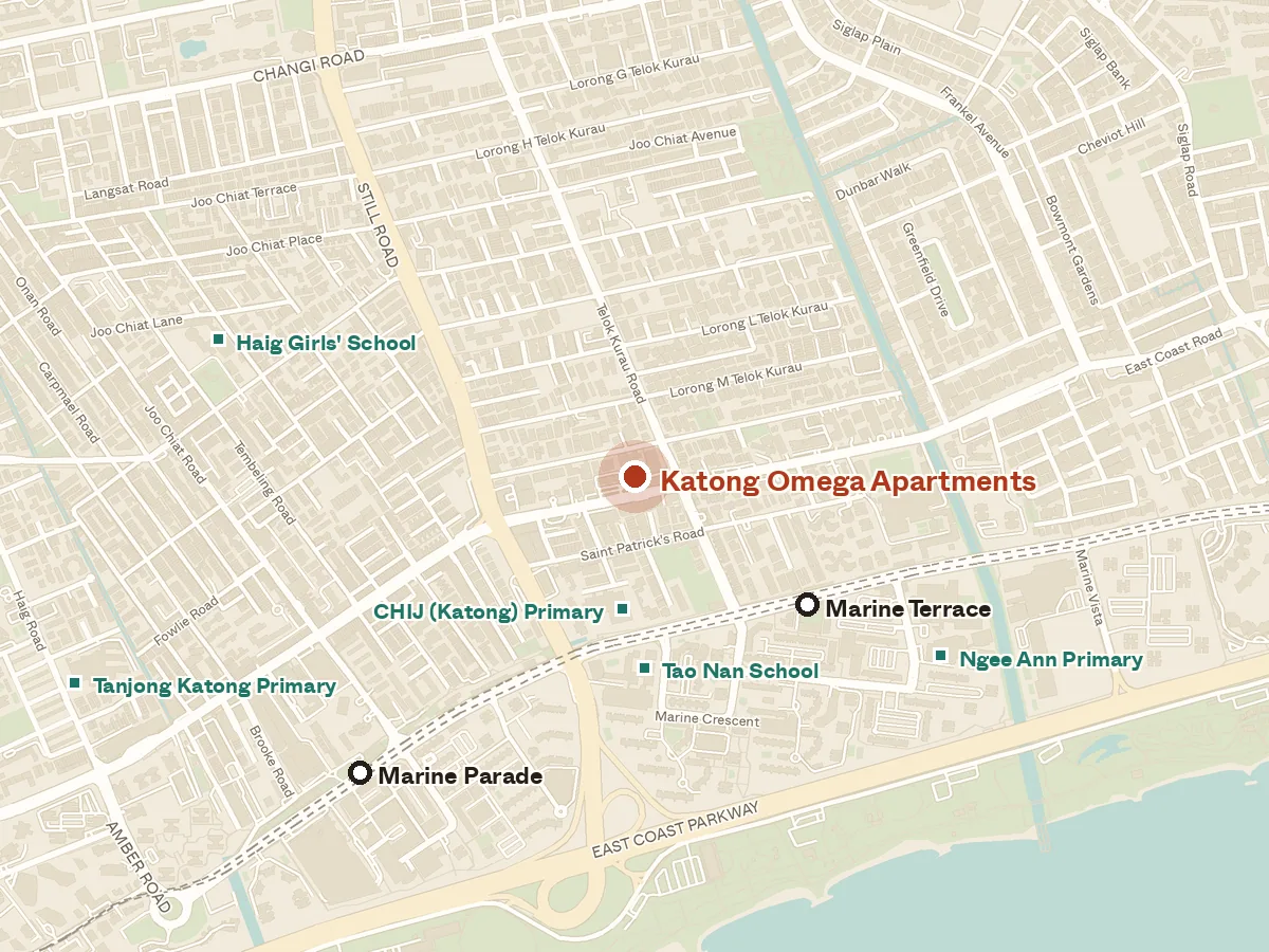 Map of the area around Katong Omega Apartments, with nearby MRT stations and primary schools