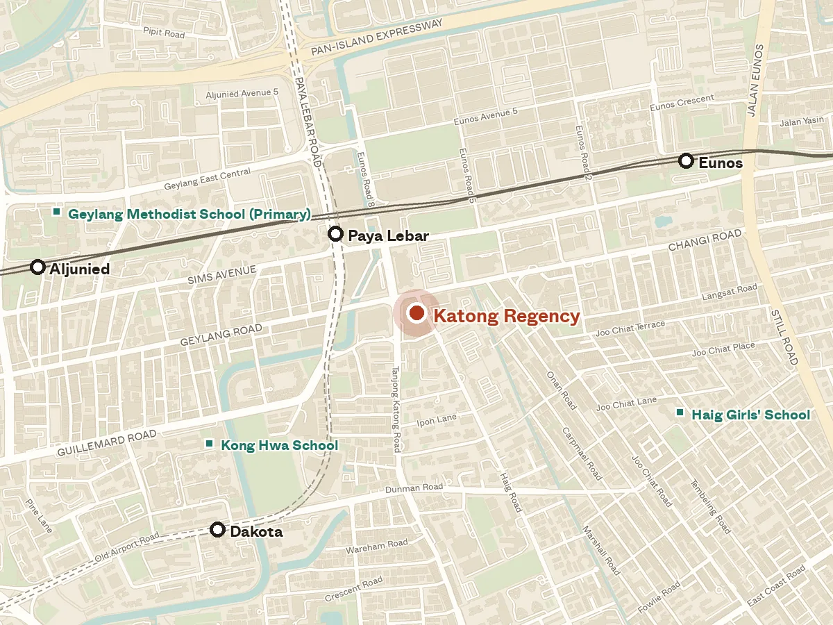 Map of the area around Katong Regency, with nearby MRT stations and primary schools