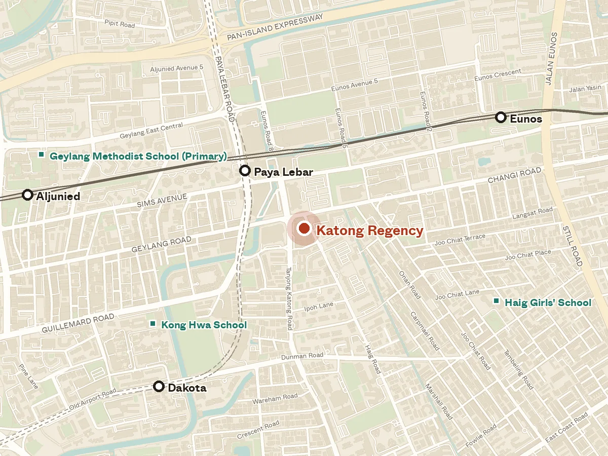 Map of the area around Katong Regency, with nearby MRT stations and primary schools