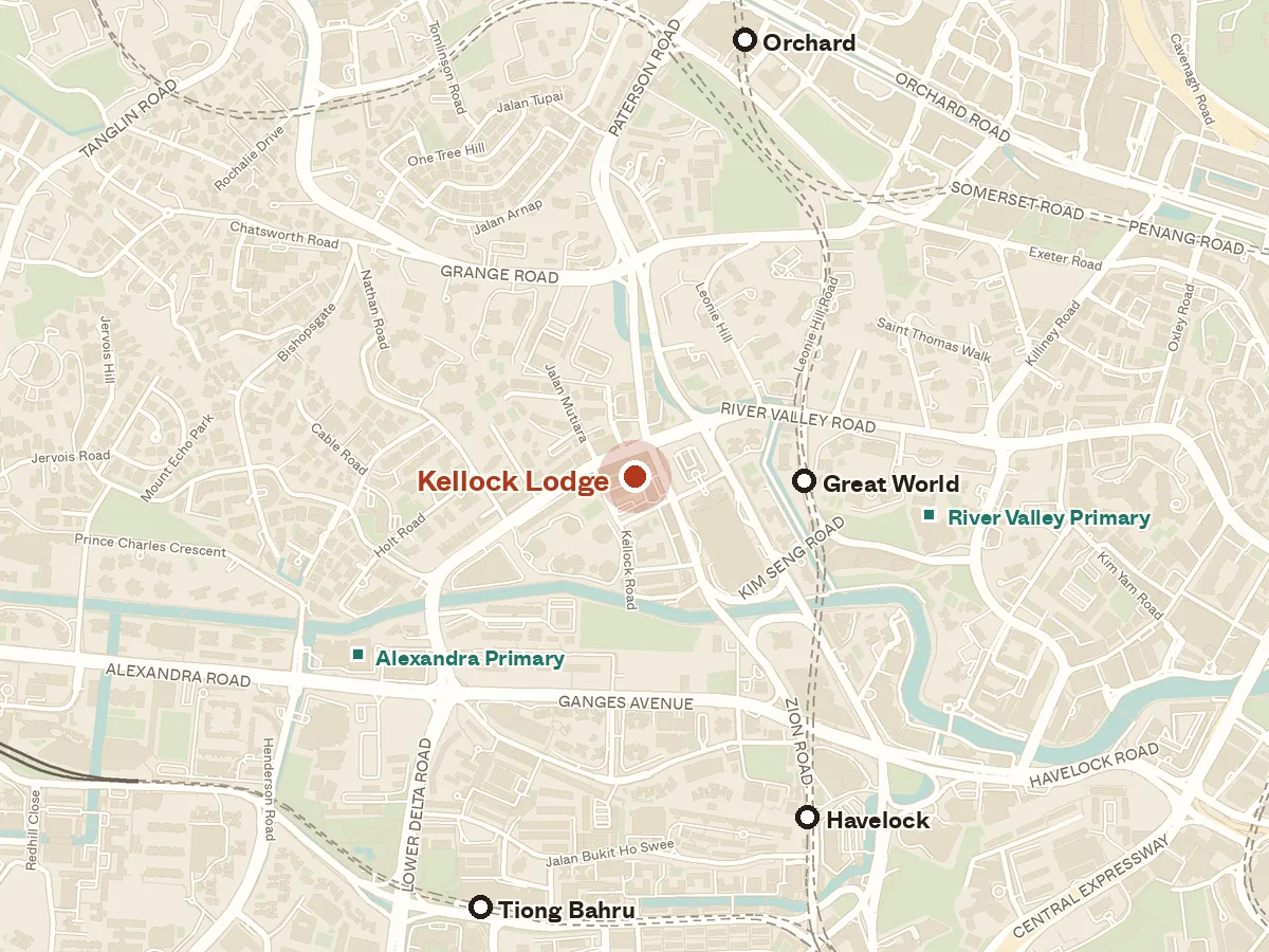 Map of the area around Kellock Lodge, with nearby MRT stations and primary schools