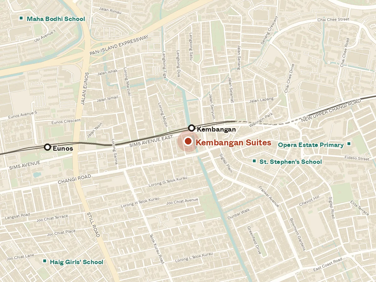 Map of the area around Kembangan Suites, with nearby MRT stations and primary schools