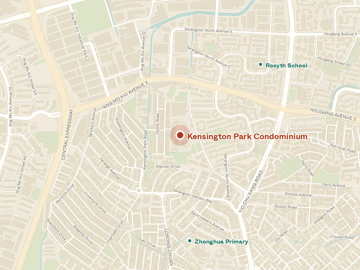 Map of the area around Kensington Park Condominium, with nearby MRT stations and primary schools