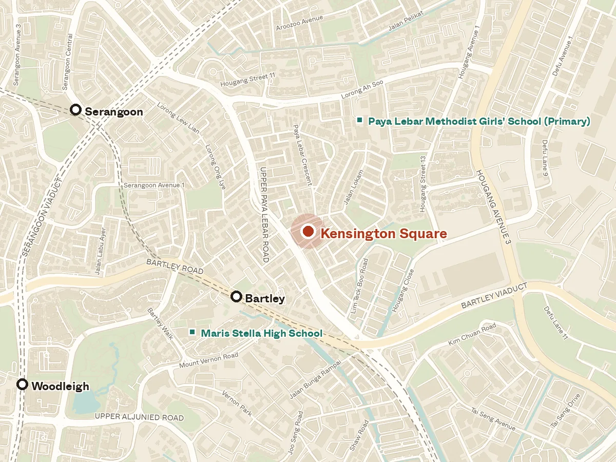 Map of the area around Kensington Square, with nearby MRT stations and primary schools